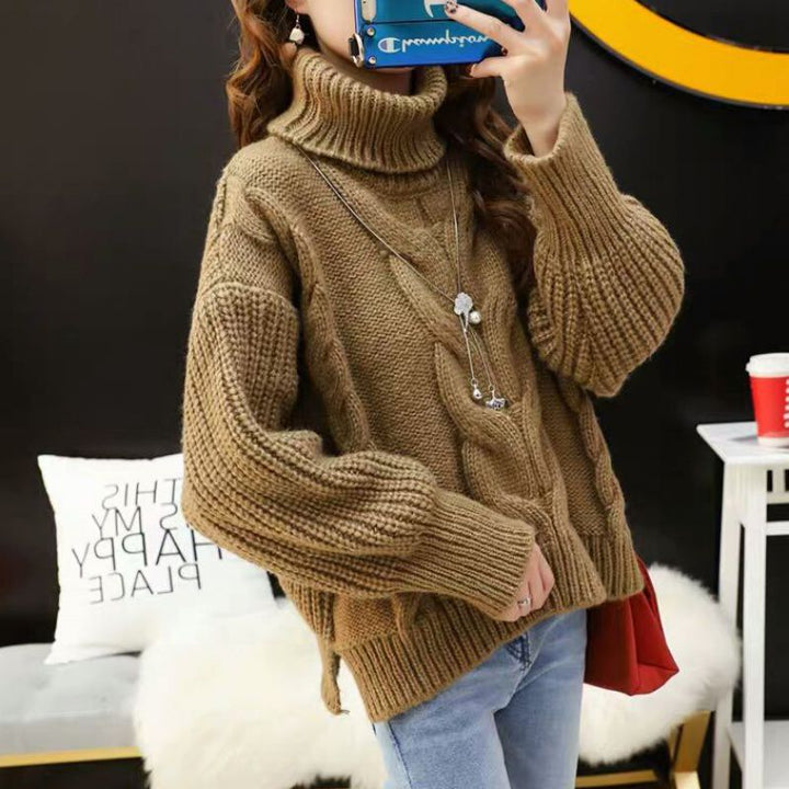 Thick knit sweater for women with a high turtleneck and a modern braiding pattern Lune London