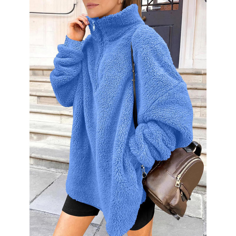 Women Fluffy Oversized Sherpa Pullover with Half Zip and Kangaroo Pockets Amarae