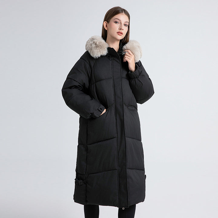Long winter coat for women lined with removable faux fur collar and practical drawstrings Lune London