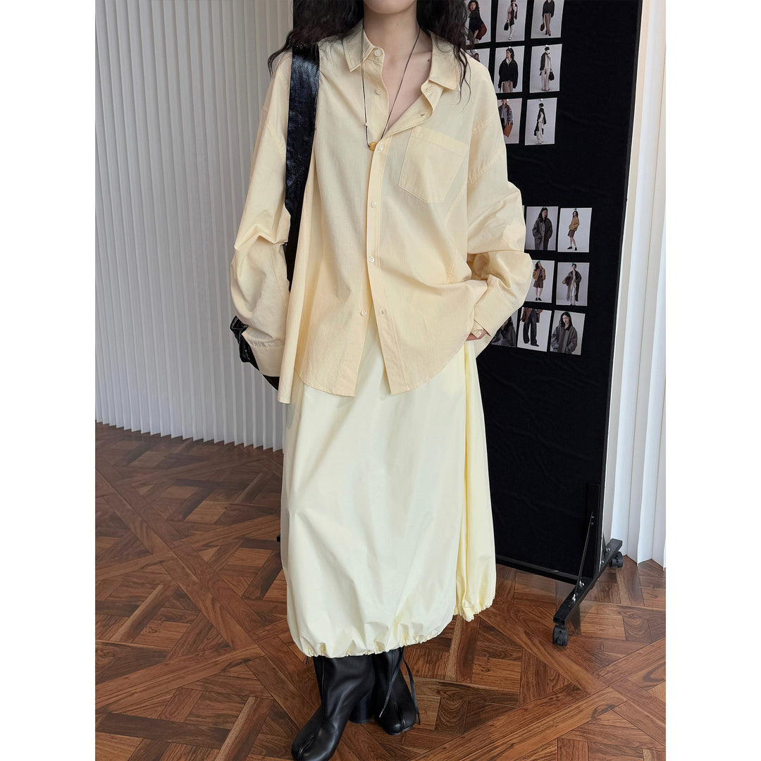 Women's Long Cut Oversized Shirt Blouse Made of Light Cotton Poplin with Chest Pocket and Rounded Hem Amarae