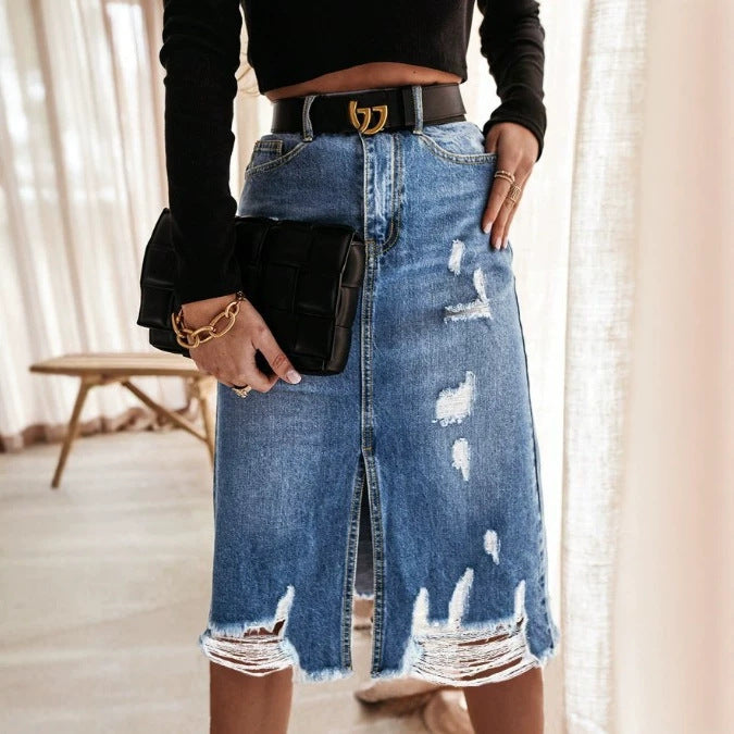 Women's High-Waisted Destroyed Denim Midi Skirt with Center Front Slit and Frayed Hem Amarae