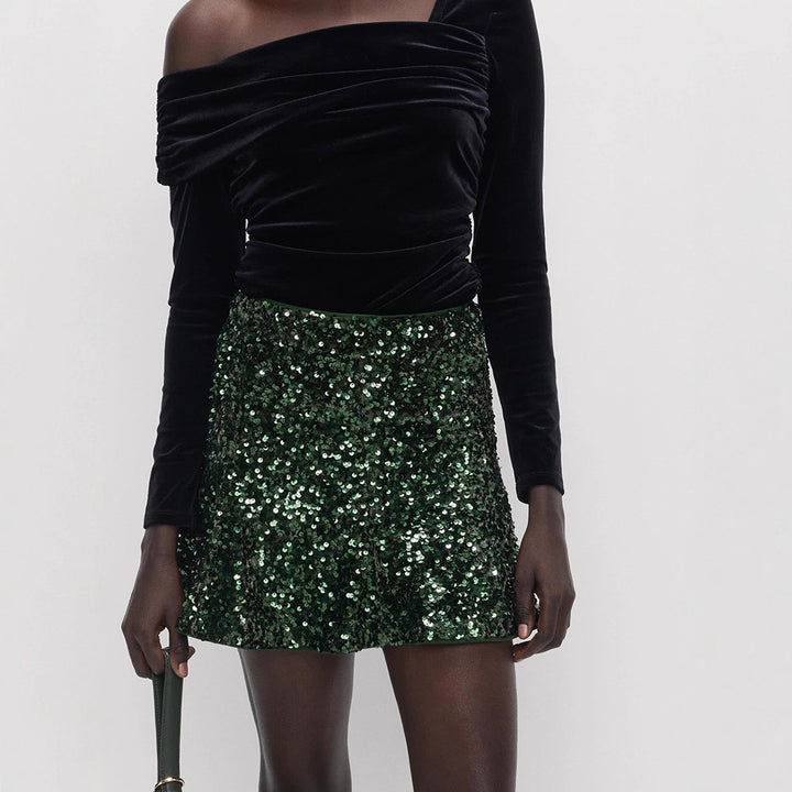 Women's sequin mini skirt with tailored silhouette & light A-line cut Amarae