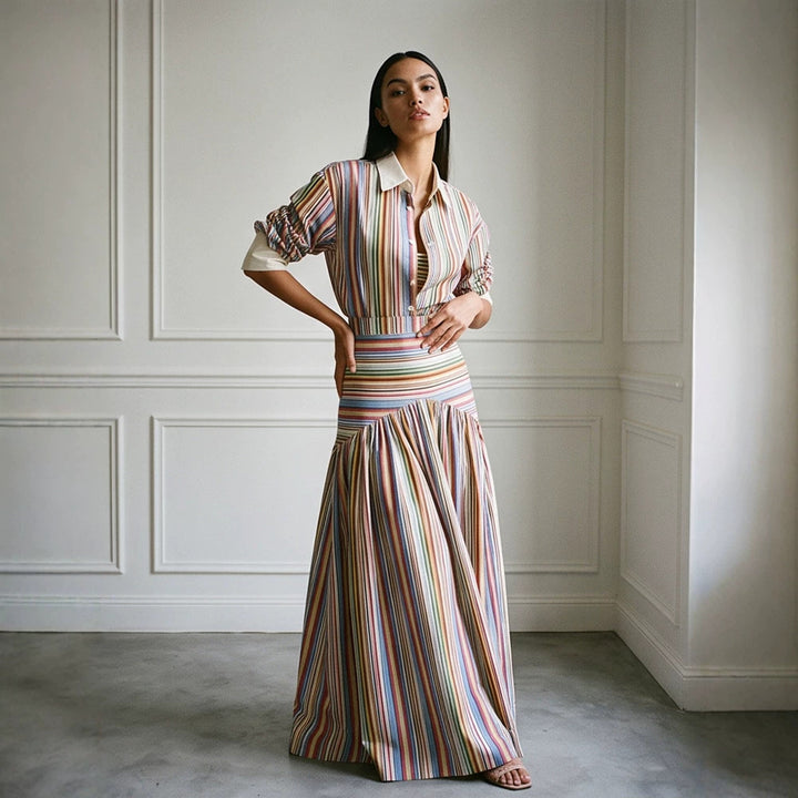 Women’s maxi dress with shirt collar, fitted waistband & layered tiered skirt Amarae