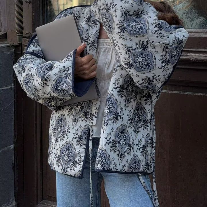 Women's Padded Kimono Jacket with Ornamental Print, Contrasting Trim and Waist Belt Amarae