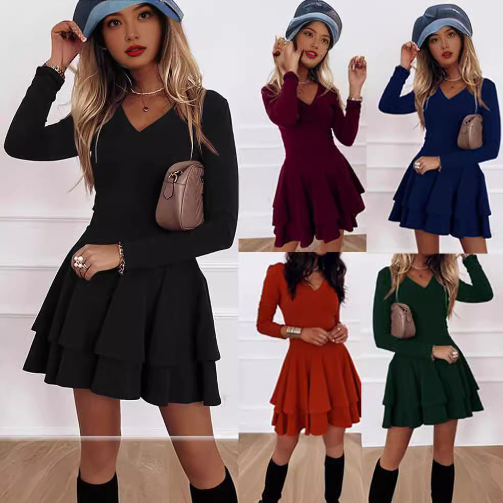 Women's V-Neck Dress with Voluminous Tiered Skirt Lune London