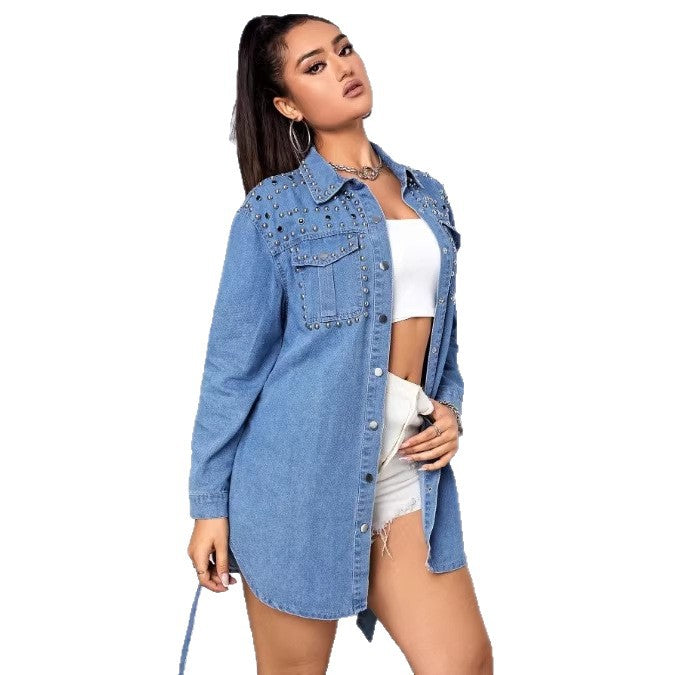 Women Studded Denim Shirt Dress with Waist Belt Amarae
