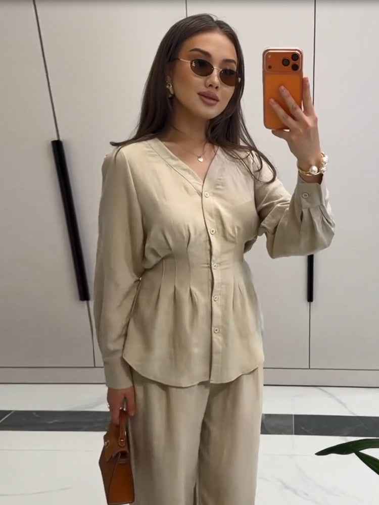 Women V-Neck Blouse and Culotte Set with Waist Pleats and Wide Legs Amarae