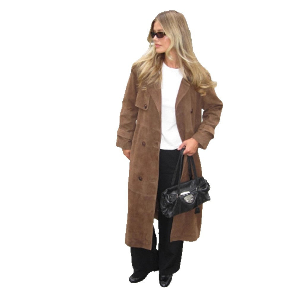 Women's Long Suede Trench Coat with Double-Breasted Buttons Amarae