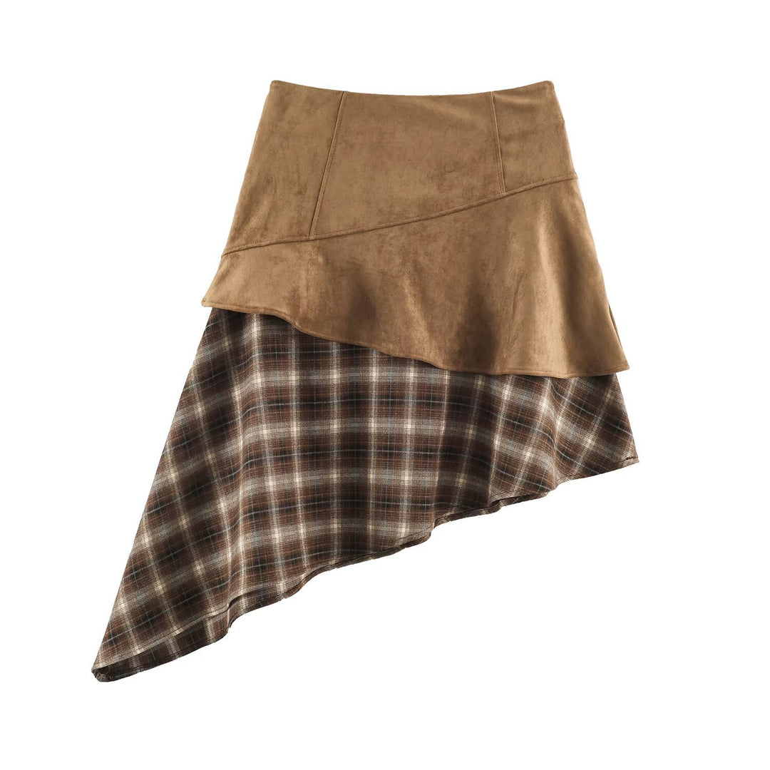 Women's asymmetrical layered skirt with faux leather overlay and checked chiffon ruffle Amarae