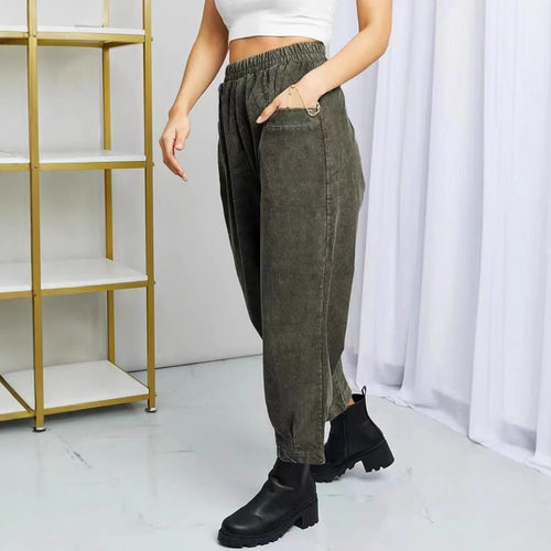 Ladies Comfortable Corduroy Leisure Pants with Elastic Waist and Pockets Amarae