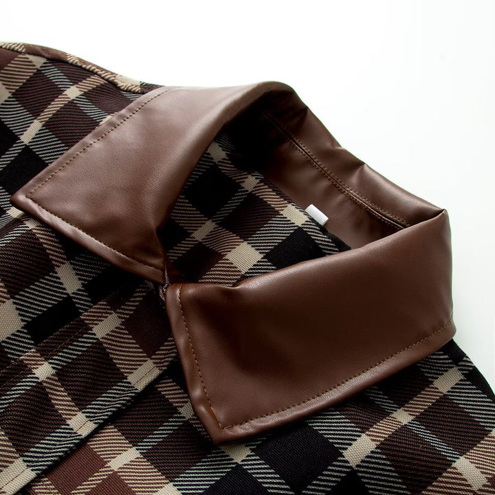 Women Checked Jacket with Faux Leather Collar, Drawstring Waist and Flap Pockets Amarae