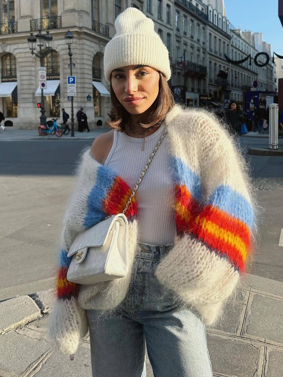 Knitted jacket for women with colorful stripes and loose fit Lune London