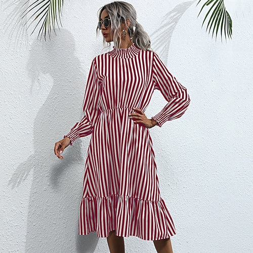 Amarae striped tiered midi dress for women with long sleeves and high collar