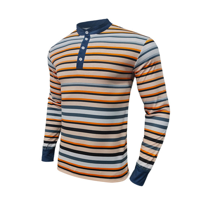 Men's Long Sleeve Henley T-shirt with Fine Striped Pattern and Modern Collar Lune London