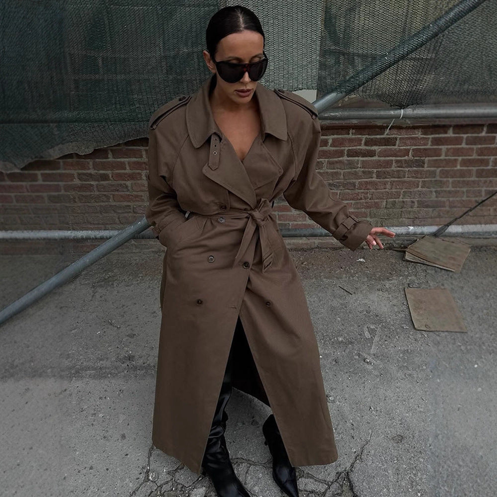 Women's Maxi Length Trench Coat with Emphasized Shoulder Section, Double Button Placket and Tie Belt Amarae