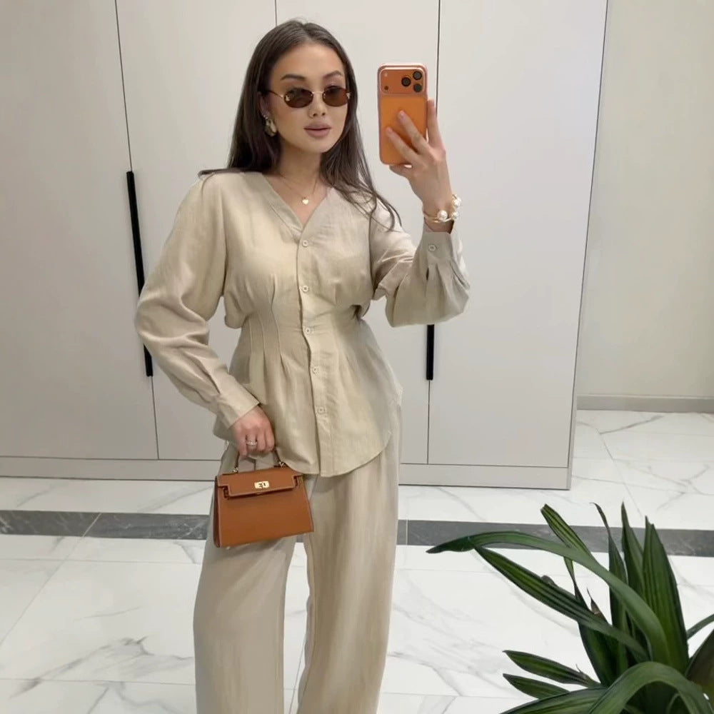 Women V-Neck Blouse and Culotte Set with Waist Pleats and Wide Legs Amarae
