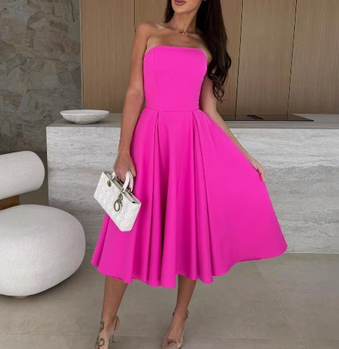 A-line midi strapless dress for women with flowy skirt Lune London