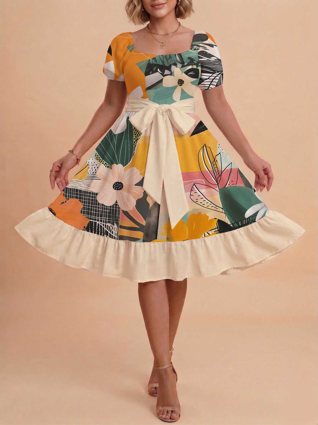 Women's Midi Dress with Elegant Floral Print and Fitted Belt Lune London