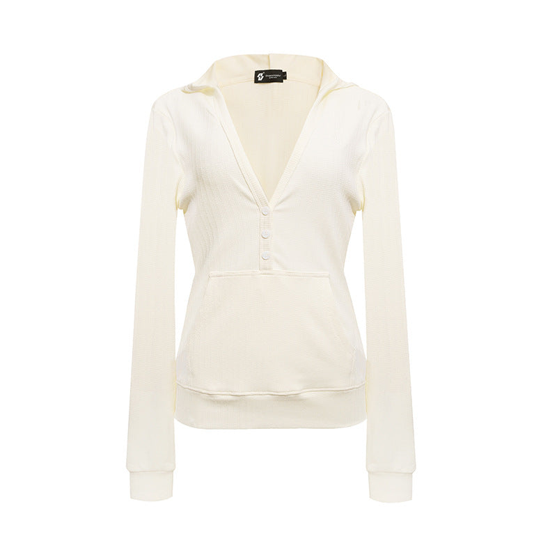 Ladies Thermo Waffle Knit Hooded Pullover with Henley Button Placket and Kangaroo Pocket Amarae