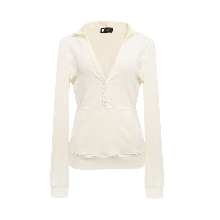 Ladies Thermo Waffle Knit Hooded Pullover with Henley Button Placket and Kangaroo Pocket Amarae