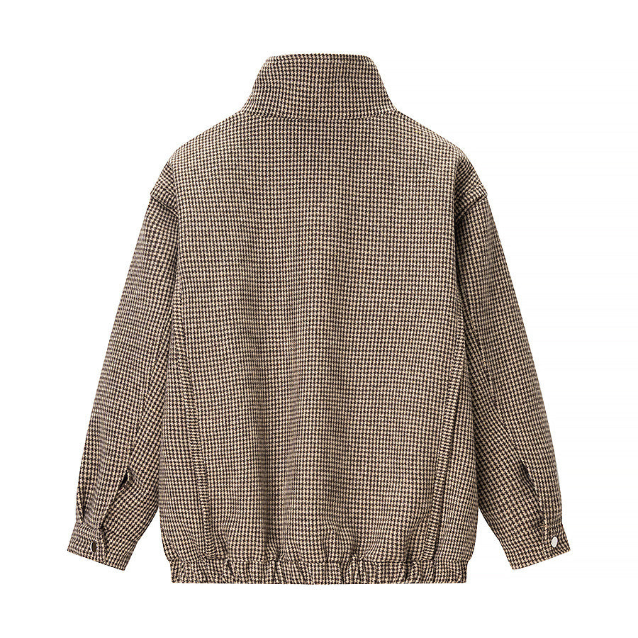 Women's transitional jacket in houndstooth pattern with stand-up collar and elastic hem