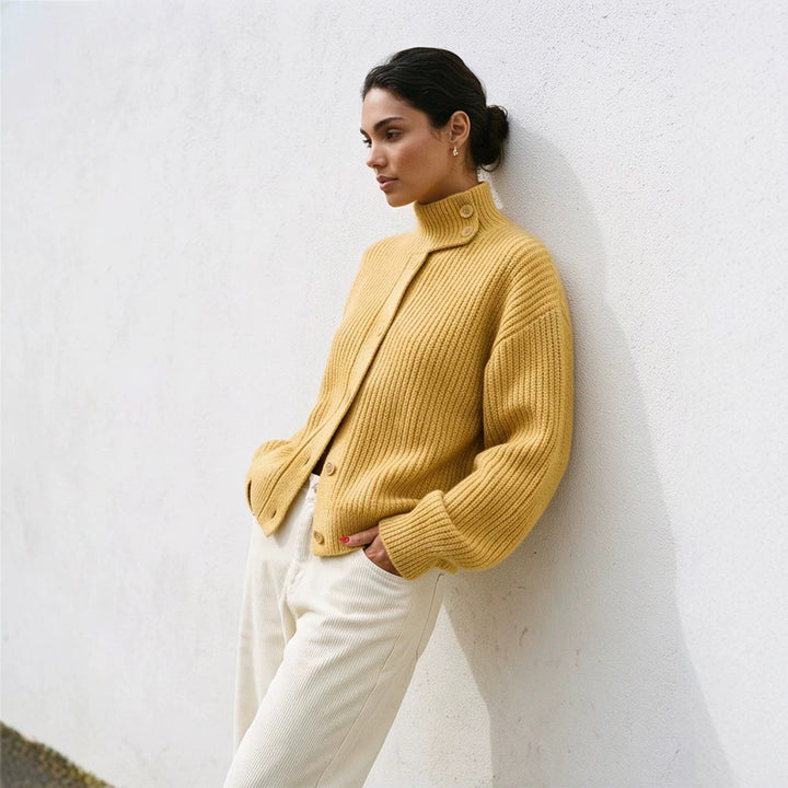 Women Oversize Cardigan with Rib Structure and Stand-Up Collar Amarae
