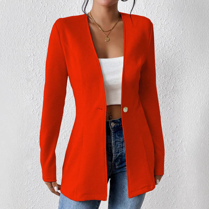 Ladies Tailored Long Blazer with V-Neck and One-Button Closure Amarae