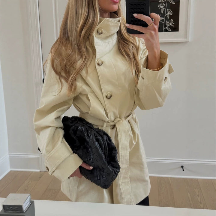 Women Short Wind and Transitional Coat with High Standing Collar and Tie Belt Amarae