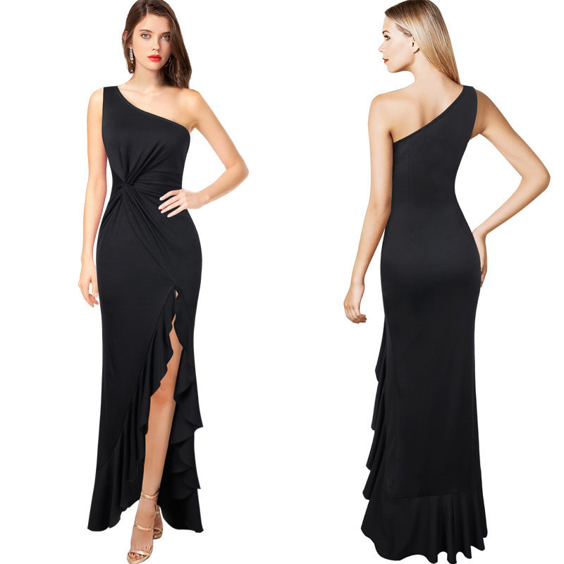 Maxi dress for women with asymmetrical neckline and elegant draped design Lune London