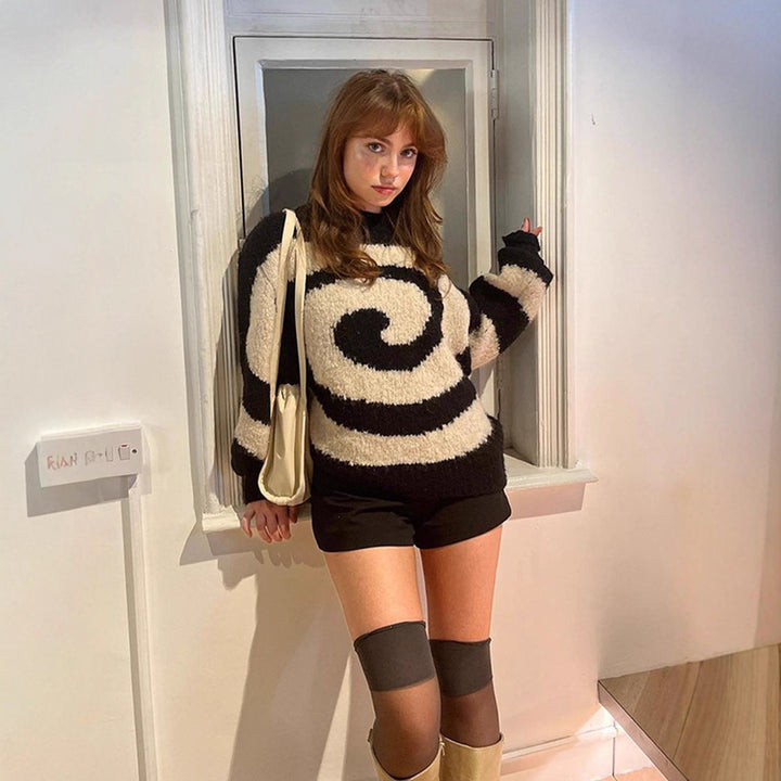 Ladies Oversize Boucle Sweater with Spiral Jacquard and High Round Neck