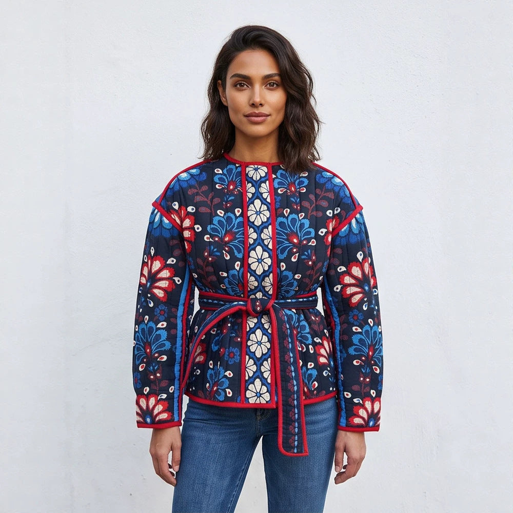 Women's Tailored Quilted Jacquard Cotton Jacket with Folk Floral Pattern & Tie Belt Amarae