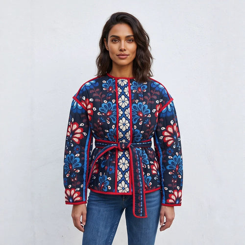Women's Tailored Quilted Jacquard Cotton Jacket with Folk Floral Pattern & Tie Belt Amarae
