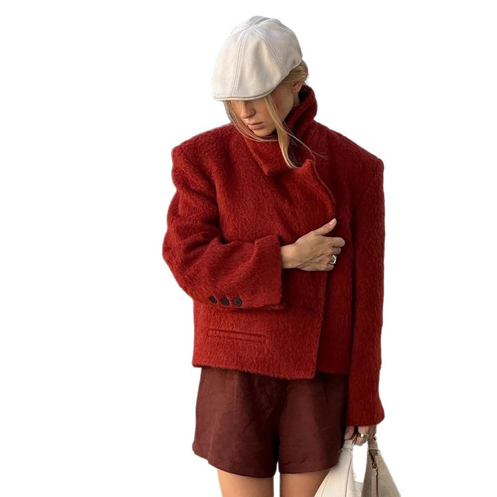 Women's Short Boxy Faux Fur Jacket with Wide Lapels and Textured Fur Look Amarae