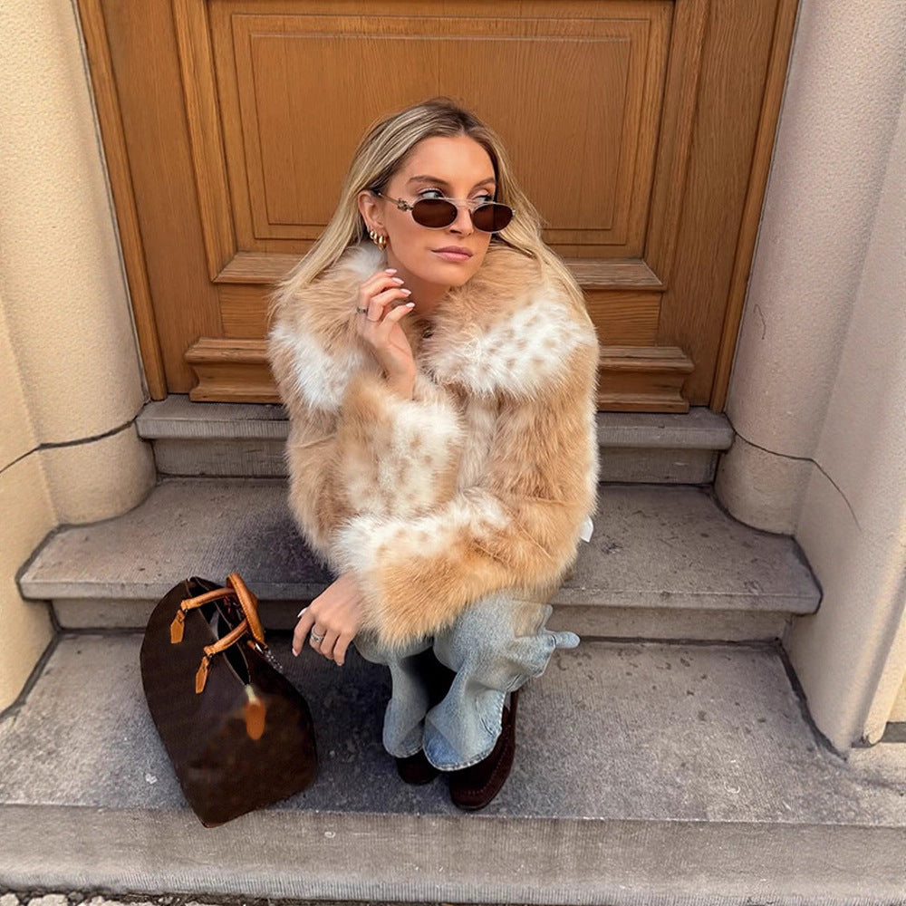 Women's Boxy Faux Fur Jacket with Two-Tone Shag Look and Notched Collar Amarae