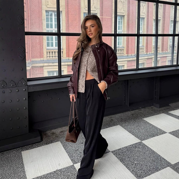 Women's Oversize Faux Leather Jacket with Sherpa Lining, practical flap pockets & two-way zipper Amarae