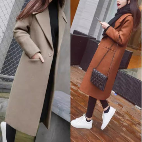 Women Long Elegant Coat with Classic Lapel and Pockets Amarae