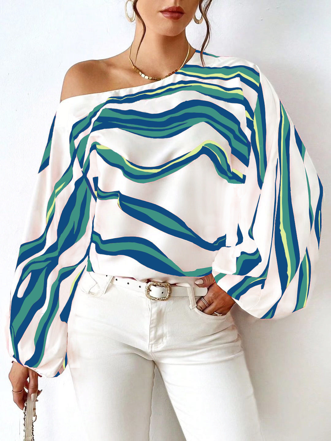 Lune London off-shoulder satin blouse for women with puff sleeves