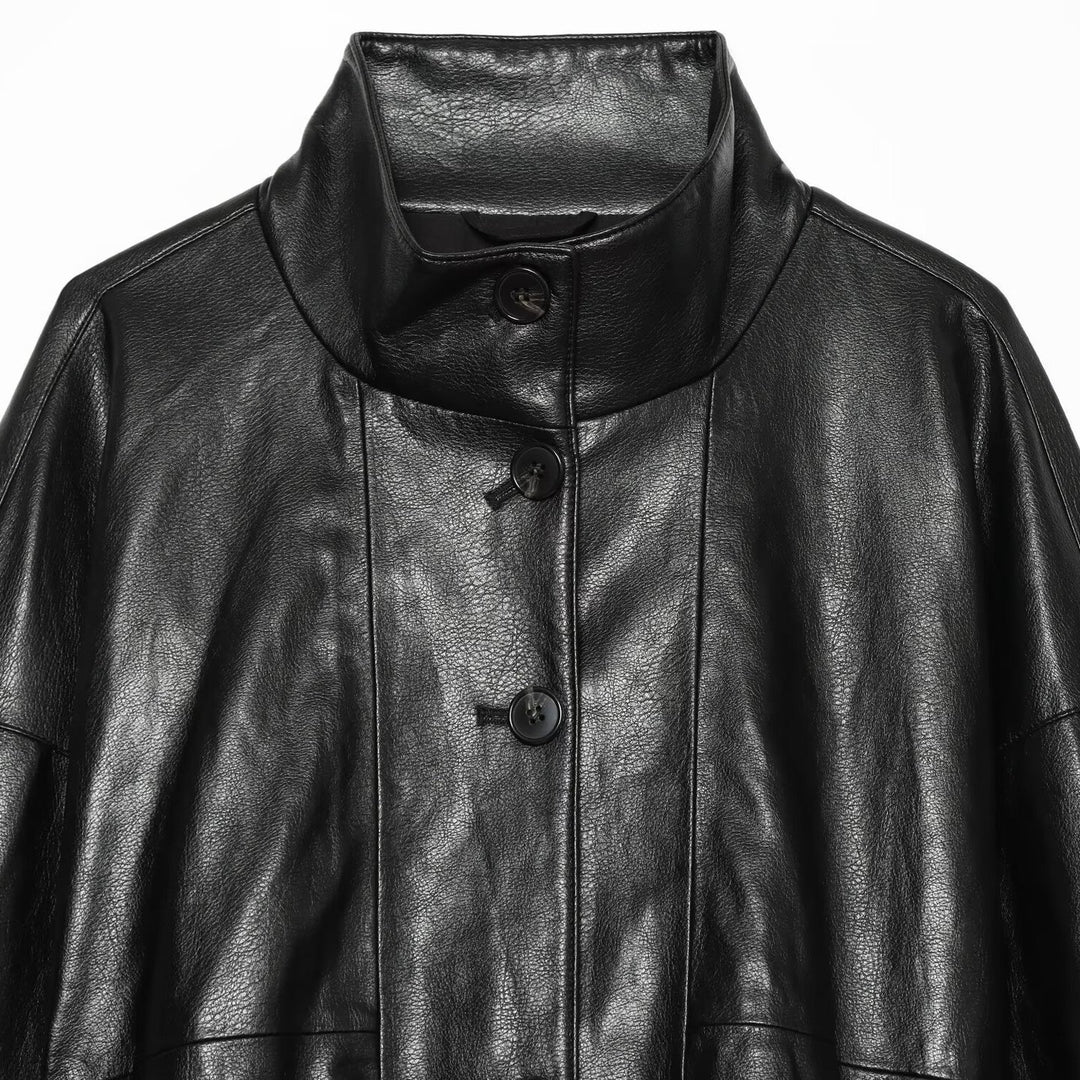 Women's Short Faux Leather Bomber Jacket with High Funnel Collar and Elastic Hem Amarae