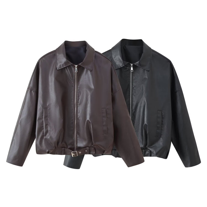 Fashionable synthetic leather jacket for ladies with a belt at the waist Lune London