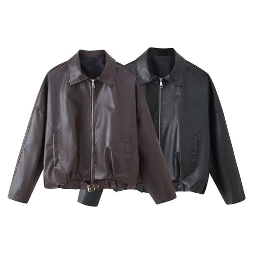 Fashionable synthetic leather jacket for ladies with a belt at the waist Amarae