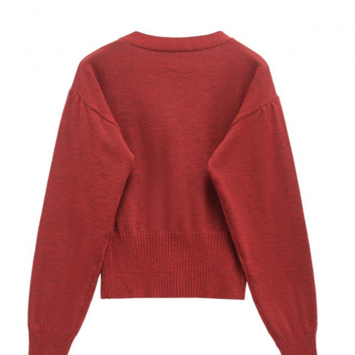 Fashion knitted jacket for women with snap button closure and decorative ruffle detail Lune London