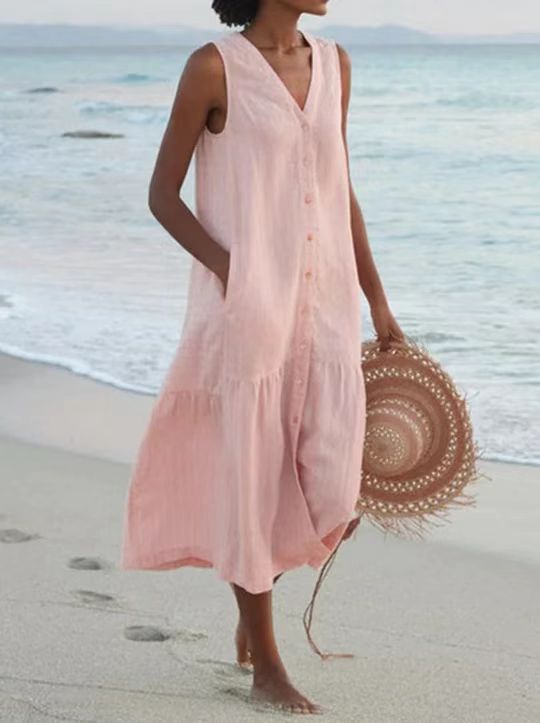 Airy maxi dress for women with button placket and practical pockets Lune London