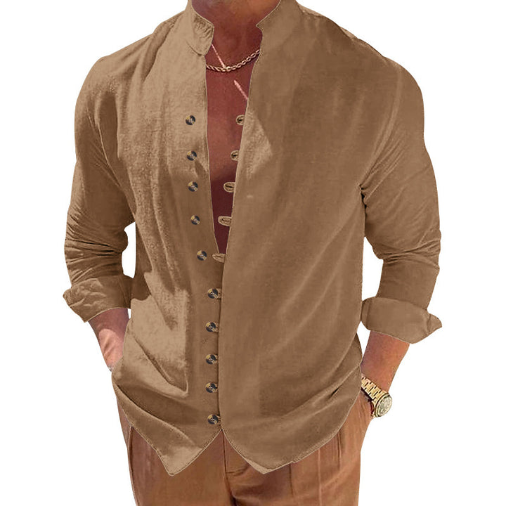 Fashionable long-sleeve shirt for men with a modern button design and a chic stand-up collar