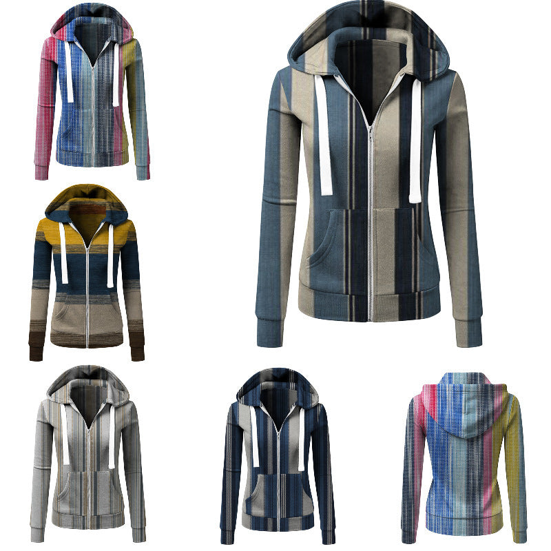 Women's Striped Hooded Jacket with Zipper, Kangaroo Pocket and Drawstring Amarae