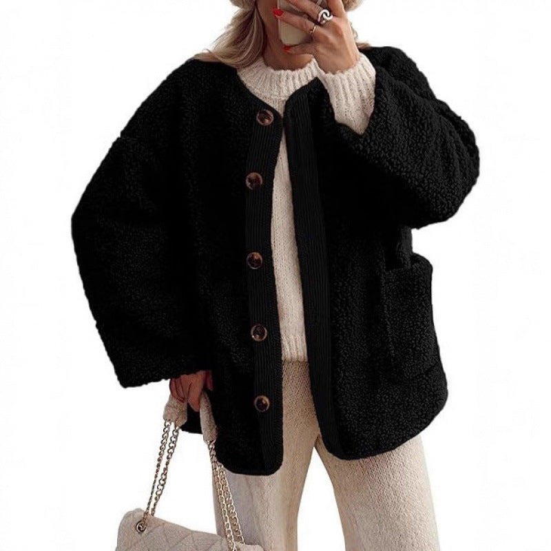 Ladies Cozy Teddy Jacket with Button Closure and Patch Pockets Lune London