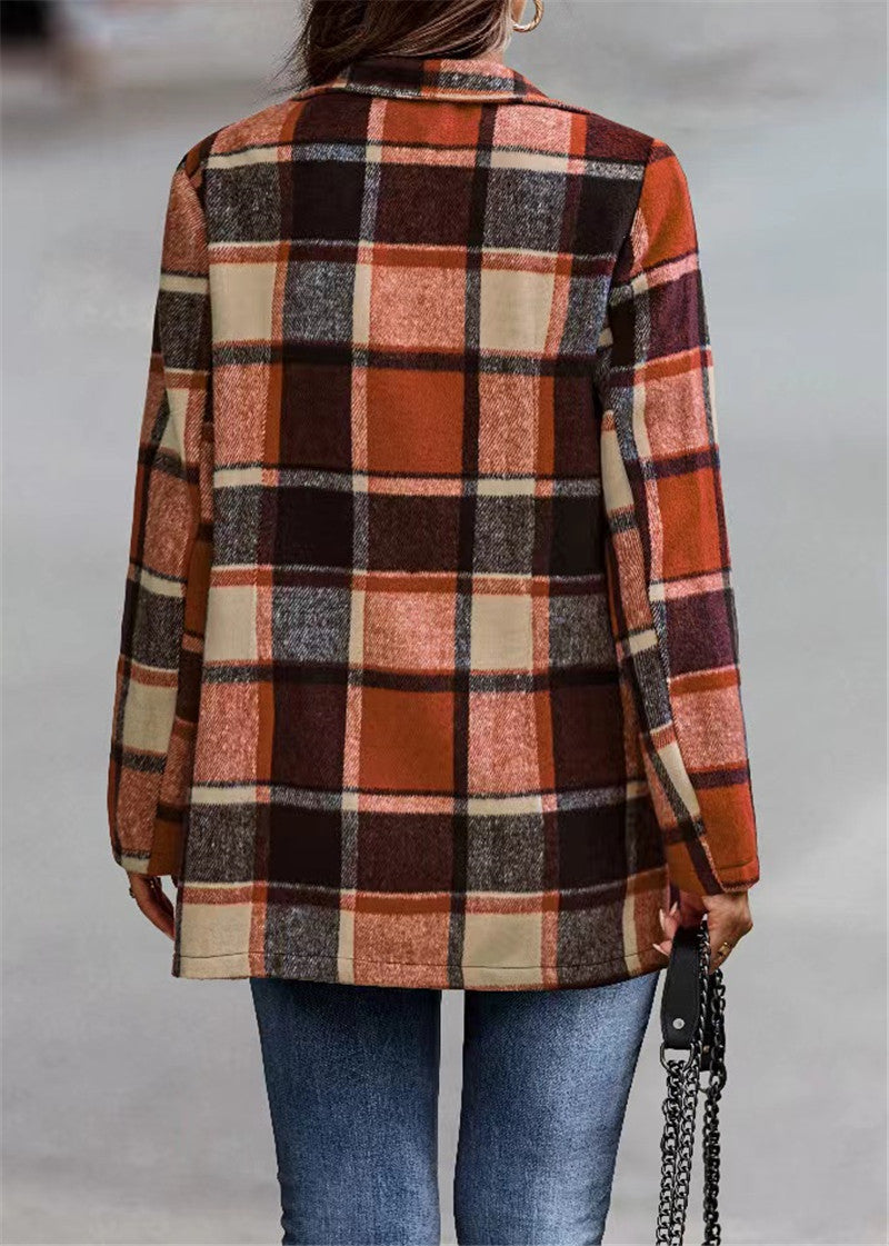 Women Checked Long Blazer Shacket Without Collar, Open Cut Amarae