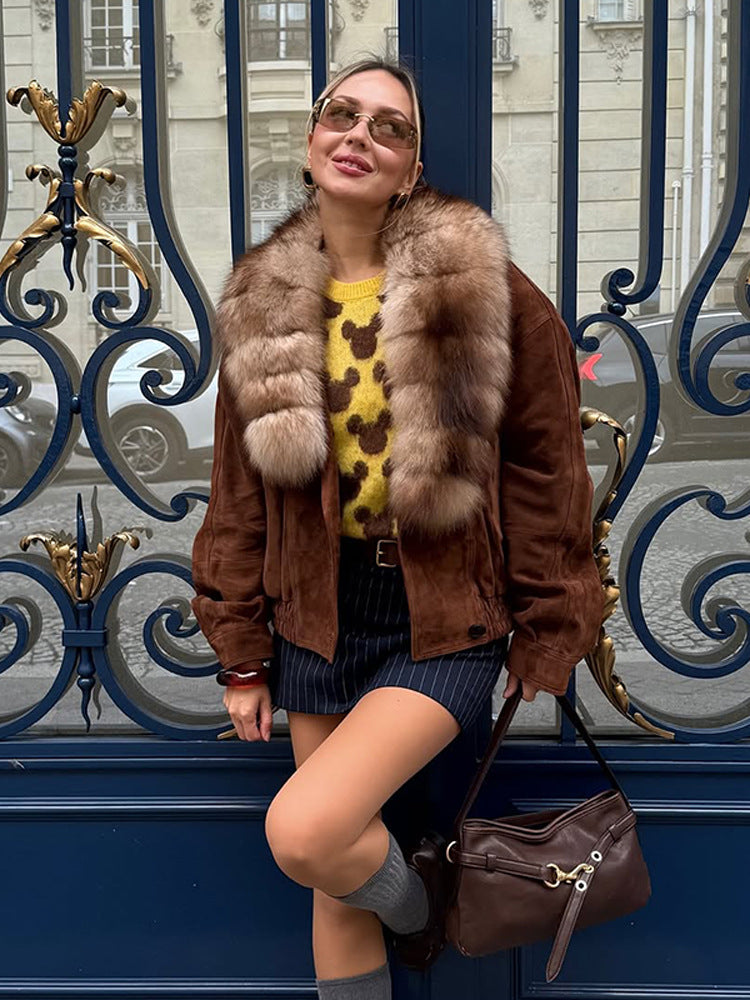 Women's suede bomber jacket with voluminous fur scarf and elastic hem Amarae