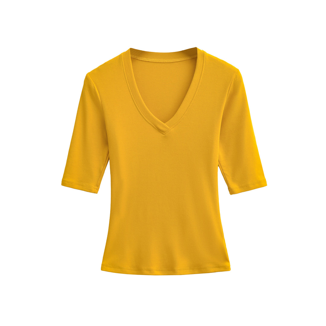Women's Fitted V-Neck Three-Quarter Sleeve Fine Rib Top made of Stretch Jersey Amarae