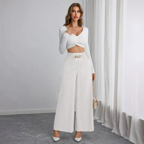 Wide palazzo trousers for women with elastic waistband and decorative belt Amarae