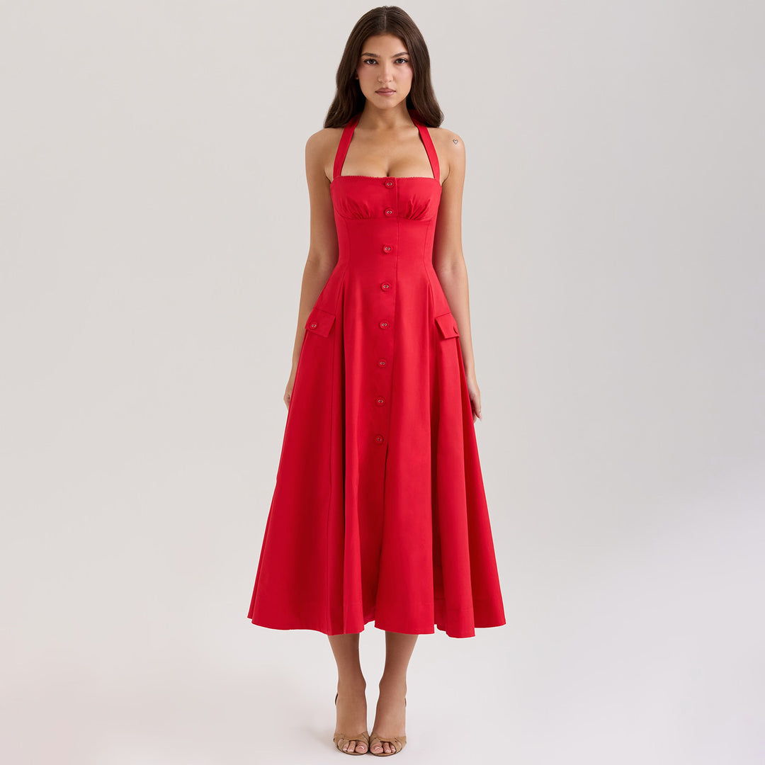 Lune London Buttoned Halter Neck Midi Dress